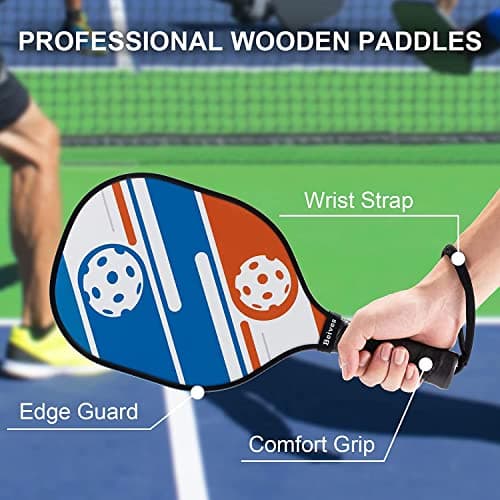 Pickleball Paddles Pickleball Set 7-ply Basswood Wooden Pickleball Rackets Set of 4 with 6 Balls and 1 Carry Bag, Pickleball Equipment for Beginner to Intermediate with Extra Edge Guard