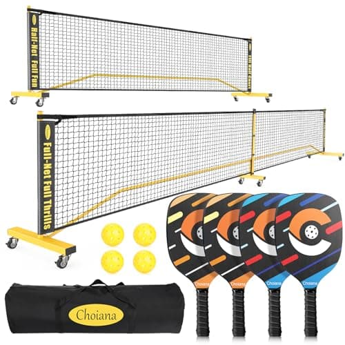Pickleball Net Set, Portable Pickleball Set w/Wheels, 11ft & 22ft Regulation Size Pickel Ball Net, Set of 4 Balls and Paddles, Heavy Duty Frame for Backyard Driveway Outdoor