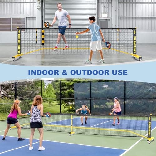 Pickleball Net Set, Portable Pickleball Set w/Wheels, 11ft & 22ft Regulation Size Pickel Ball Net, Set of 4 Balls and Paddles, Heavy Duty Frame for Backyard Driveway Outdoor