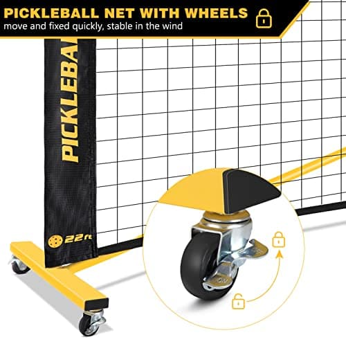 Portable Pickleball Net Set with Wheels, Regulation Size 22 FT & Half Court 11 FT, Steady Metal Frame Pickle Ball Net Set System with Carry Bag for Backyards, Driveways, and Garages