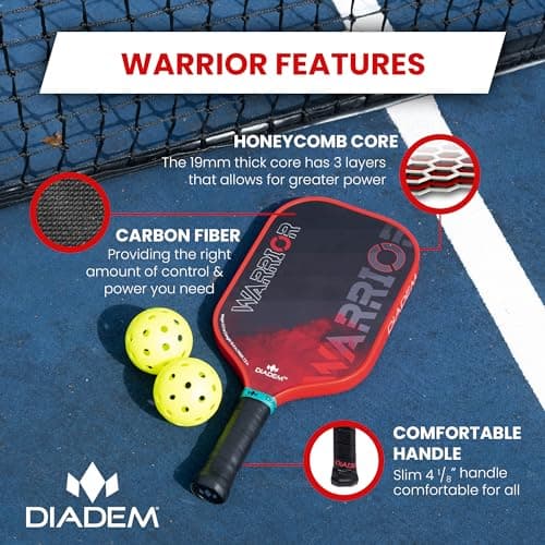 Diadem Warrior Pickleball Paddle | Carbon Fiber Face, 3X L-Core Hybrid Nomex Polymer Honeycomb Core, Grit Paint Surface for Spin, Control and Power | Indoor/Outdoor | USAPA Approved