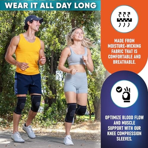 Knee Brace for Pain Relief - 2 Pack Knee Sleeves for Men and Women - Support for Weightlifting, Gym, Workout, Volleyball - Meniscus Tear, ACL, Arthritis