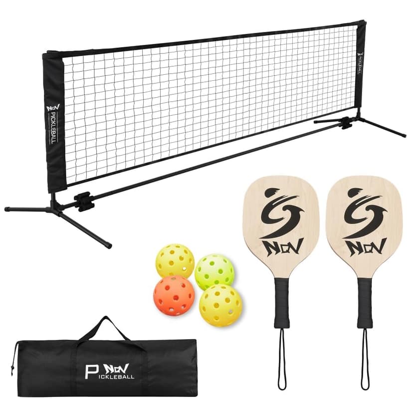 NQV Pickleball Set with Net-10FT Half Court Size Pickleball Net+Wood Pickleball Paddles+Pickle Balls+Ball Retrievers, Portable Outdoor Driveway Indoor for Adults Beginners