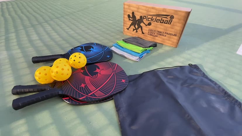 Pickleball Paddles, Pickleball Set with 4 Premium Wood Pickleball Paddles, 4 Pickleball Balls, 4 Cooling Towels & Carry Bag, Pickleball Rackets with Ergonomic Cushion Grip, Gifts for Men Women