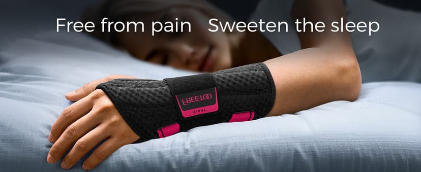 FREETOO Carpal Tunnel Wrist Brace Night Support Fit Right Hand for Work, Pain Relief Wrist Splint for Tendonitis, Sprain, Strain, Rigid Hand Brace for Arthritis for Women and Men (S/M, Black/Pink)