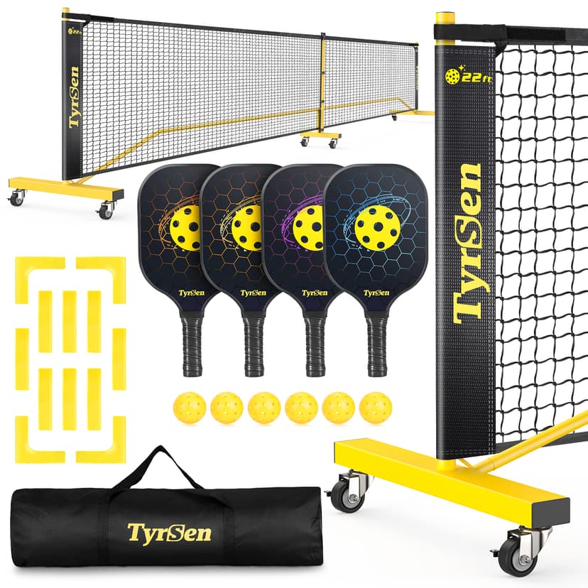 Pickleball Net Set, Pickleball Net on Wheels for Driveway Backyard, 22FT Regular Size, 4 Pickleball Paddles & 6 Balls, 12 Court Markers, 1 Carry Bag, Pickleball Set for Indoor Outdoor Play