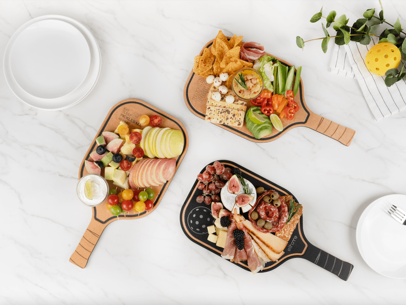 Pickleball Charcuterie & Cutting Board, Pickleball Gifts for Women Men, Wood Fiber 16 x 8.5, Paddle Shape with Handle, Dishwasher Safe, Reversible Design, Juice Groove "Just One More Game"