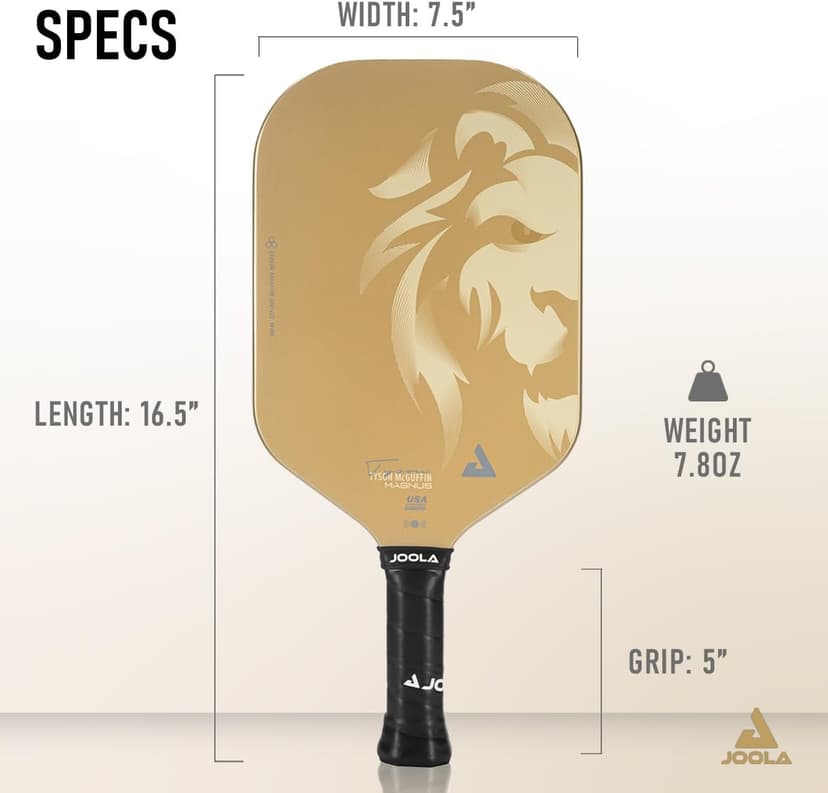 JOOLA Magnus CAS 14mm Pickleball Paddle - Gold Tyson McGuffin Lion Paddle - Edgeless Design & Short Handle - Lightweight Double Frame Carbon Fiber Core - Extra Long Length - Carbon Surface Adds Spin
