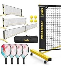 Portable Pickleball Net Set with Wheels, Regulation Size 22 FT & Half Court 11 FT, Steady Metal Frame Pickle Ball Net Set System with Carry Bag for Backyards, Driveways, and Garages
