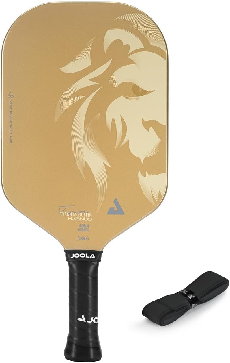 JOOLA Magnus CAS 14mm Pickleball Paddle - Gold Tyson McGuffin Lion Paddle - Edgeless Design & Short Handle - Lightweight Double Frame Carbon Fiber Core - Extra Long Length - Carbon Surface Adds Spin