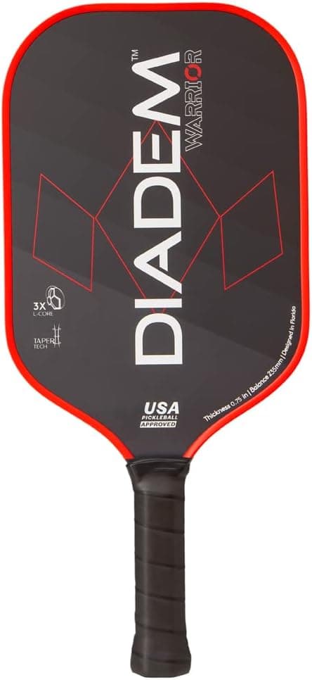 Diadem Warrior Pickleball Paddle | Carbon Fiber Face, 3X L-Core Hybrid Nomex Polymer Honeycomb Core, Grit Paint Surface for Spin, Control and Power | Indoor/Outdoor | USAPA Approved