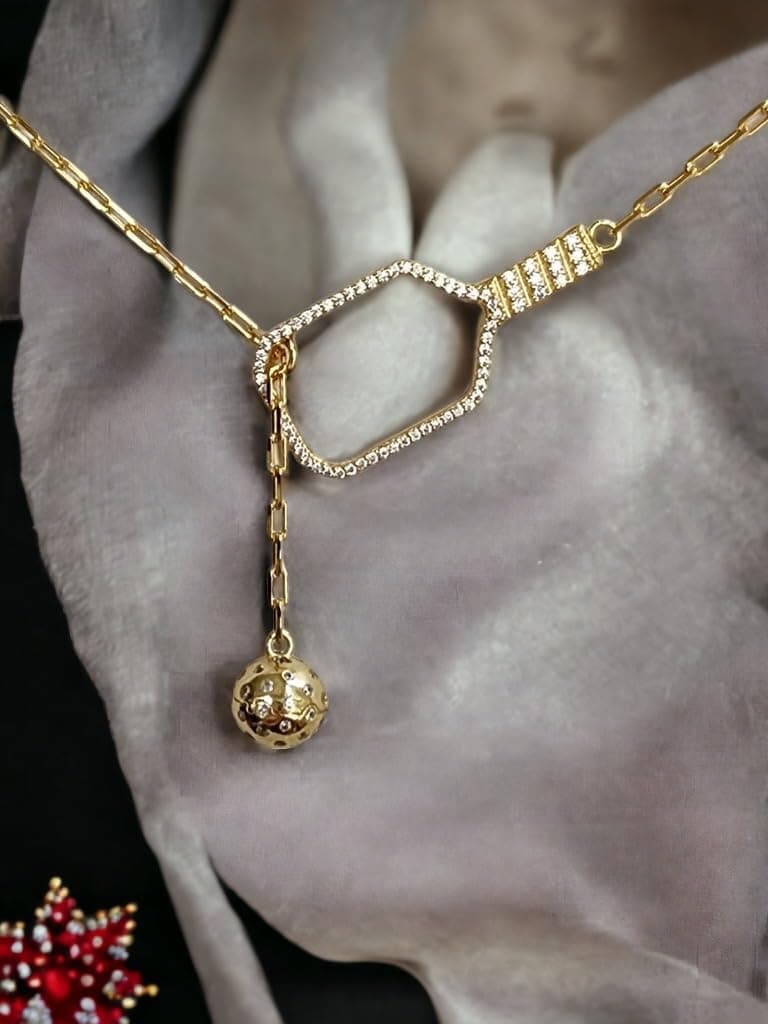 Pickleball Lariat Plus Paddle Necklace - 18k Gold Plate Pickleball Necklace for Women, Pickleball Jewelry, Christmas Gift for Pickleball Lovers