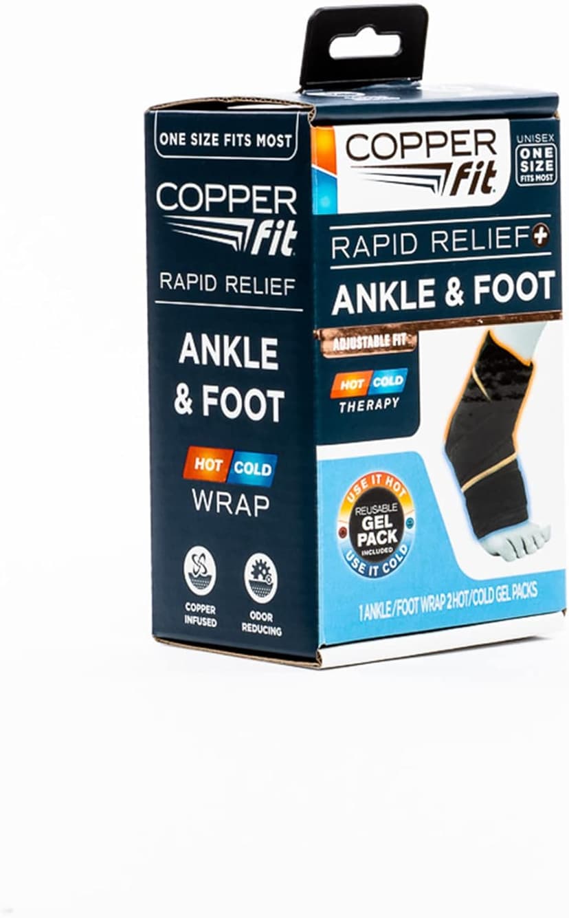 Copper Fit Rapid Relief & Hot/Cold Ankle Foot Wrap with Hot Cold Pack, Black, One Size Fits Most