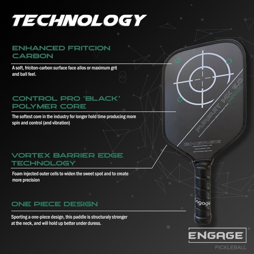 Engage Pickleball Pursuit MAXX MX 6.0 Carbon Fiber Paddle, Elongated Shape, Enhanced Friction Carbon, 5/8" Thick Core with Control Pro 'Black' Technology