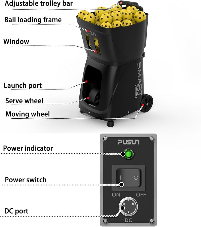 PP Smart PRO Pickleball Machine - 85+ Ball Capacity, 4-6hr Battery, 20-120km/h Speed, 26M Range, App & Remote Control, 5-45° Angle - Perfect for Training, Club & School Coaching