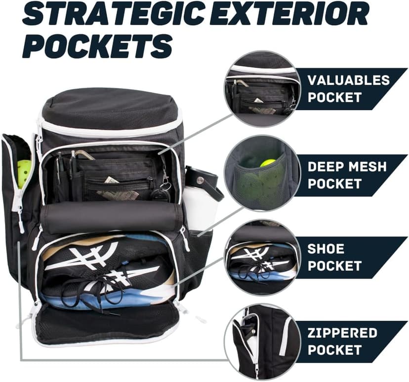 Pickleball Bag for Men and Women - Fits 2 to 4 Paddles - Shoe Compartment, Fence Hook, Storage Pockets for Water Bottles, Pickleballs, Clothing, Racquet/Paddle Storage - Pickle Ball Backpack