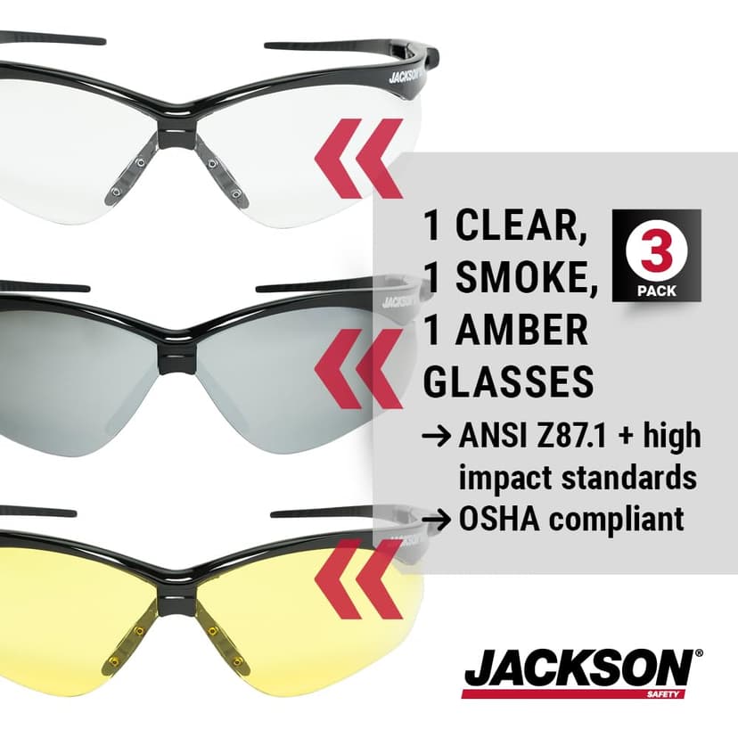 Jackson Safety SG Safety Glasses - Eye Protection for Men & Women - Anti-Scratch Lens with Black Frame - ANSI Z87.1 - Pack of 3 (Multiple Styles)