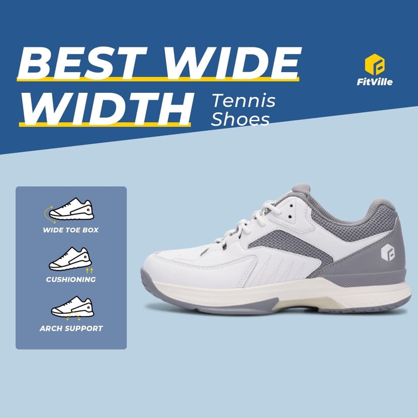 FitVille Men‘s Wide Pickleball Shoes All Court Tennis Shoes with Arch Support for Plantar Fasciitis