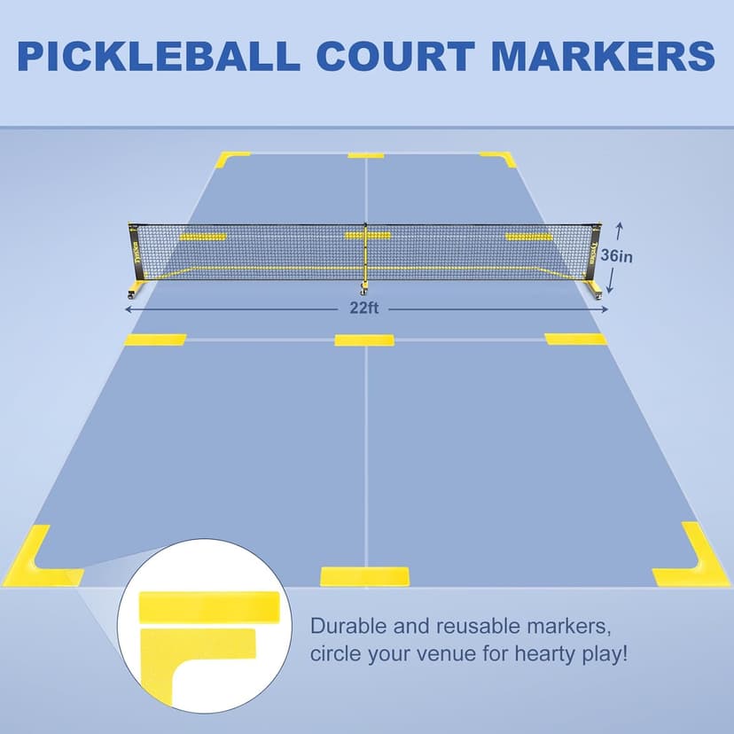 Pickleball Net Set, Pickleball Net on Wheels for Driveway Backyard, 22FT Regular Size, 4 Pickleball Paddles & 6 Balls, 12 Court Markers, 1 Carry Bag, Pickleball Set for Indoor Outdoor Play