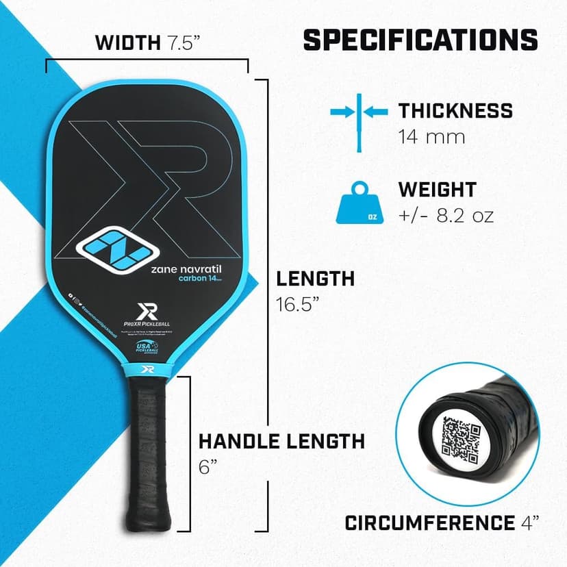 ProXR Zane Navratil Carbon Fiber Pickleball Paddle – Elongated Shape and Handle, Slim 14mm Design, Shock Foam Edge Guard, High Spin Raw Textured Surface, Midweight