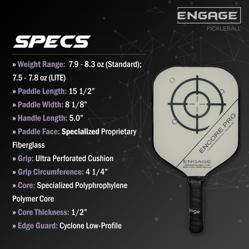 Engage Encore Pro Pickleball Paddle | USAPA Approved | Textured FiberTEK Fiberglass Face & ControlPRO Polymer Core