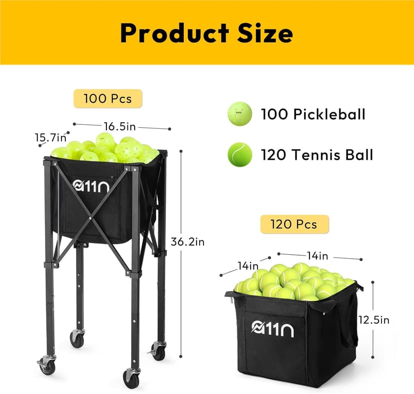 A11N Pickleball Tennis Ball Hopper - Sturdy Large Capacity Tennis Ball Basket Holds 120 Balls, Upgraded Pickleball Caddy Practice Equipment/Multifunction Pockets and Wheels for Training/Teaching