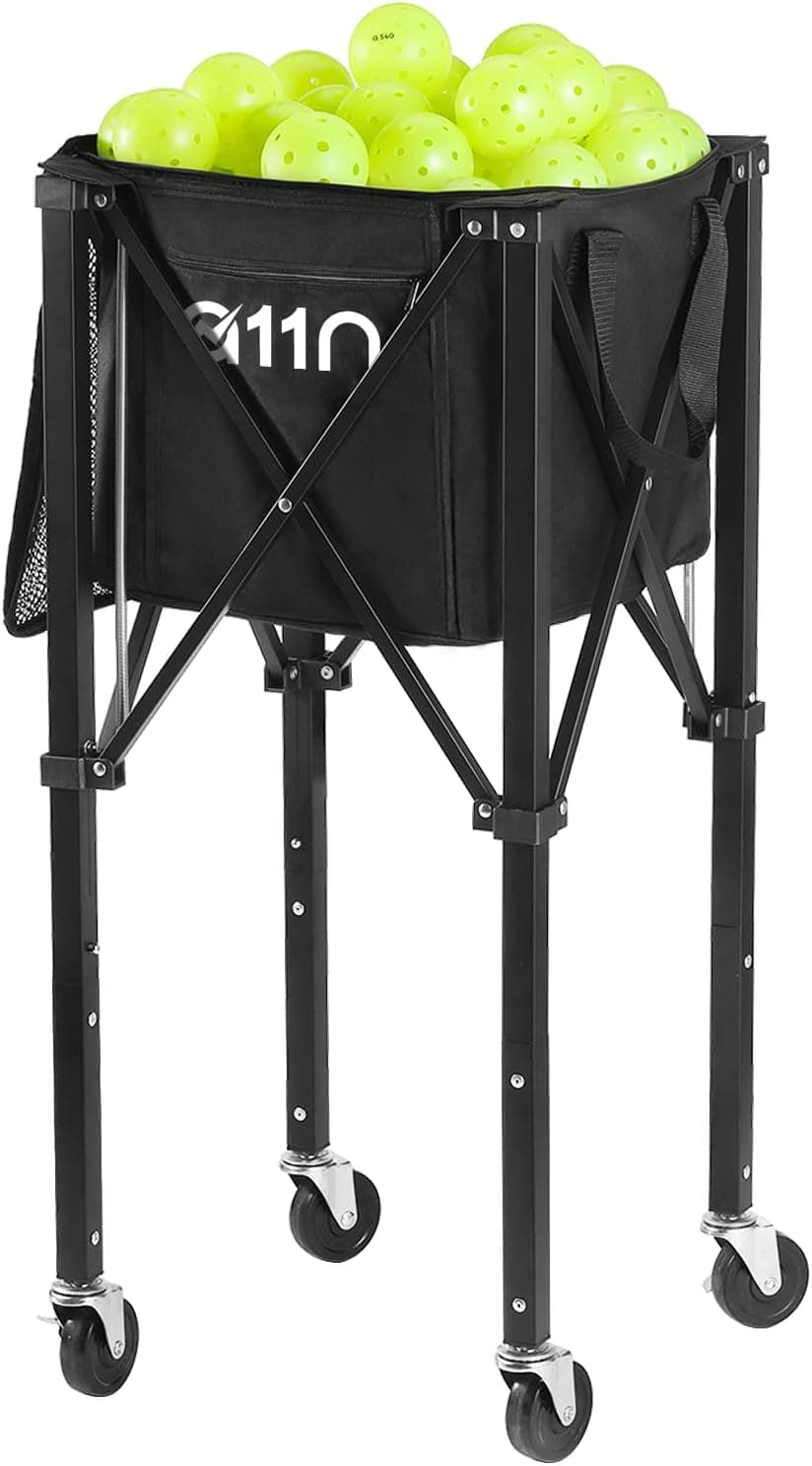 A11N Pickleball Tennis Ball Hopper - Sturdy Large Capacity Tennis Ball Basket Holds 120 Balls, Upgraded Pickleball Caddy Practice Equipment/Multifunction Pockets and Wheels for Training/Teaching