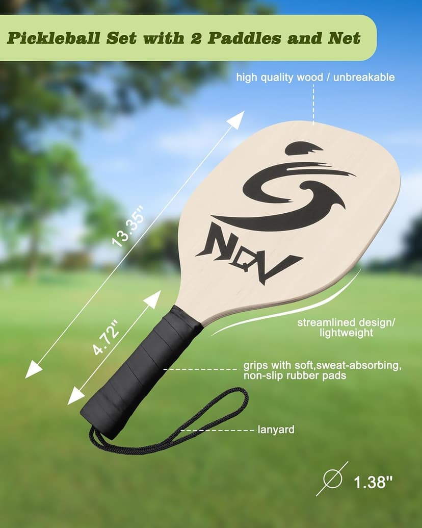 NQV Pickleball Set with Net-10FT Half Court Size Pickleball Net+Wood Pickleball Paddles+Pickle Balls+Ball Retrievers, Portable Outdoor Driveway Indoor for Adults Beginners