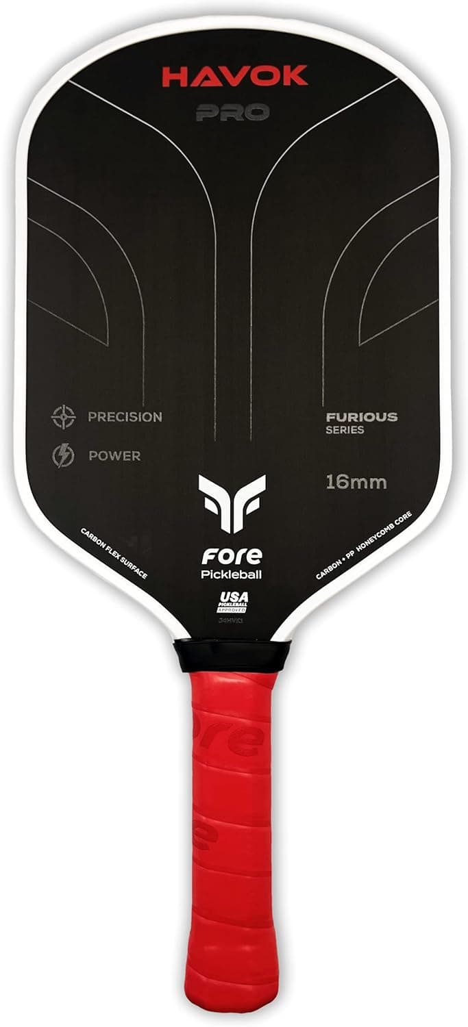 Havok Pro Pickleball Paddle: Carbon Fiber Surface for Enhanced Power, Precision and Maximum Spin - Large Sweet Spot and USAPA Approved - Red