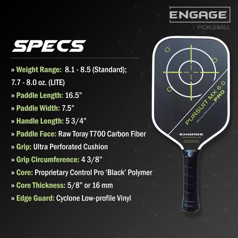 Engage Pursuit Pro MX 6.0 Pickleball Paddle – Elongated Shape, Raw T700 Toray Carbon Fiber Face, 16mm Control Pro “Black” Core