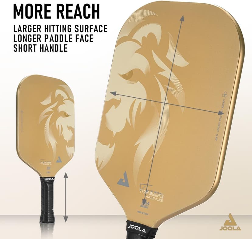 JOOLA Magnus CAS 14mm Pickleball Paddle - Gold Tyson McGuffin Lion Paddle - Edgeless Design & Short Handle - Lightweight Double Frame Carbon Fiber Core - Extra Long Length - Carbon Surface Adds Spin