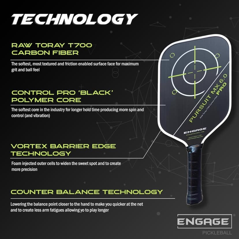 Engage Pursuit Pro MX 6.0 Pickleball Paddle – Elongated Shape, Raw T700 Toray Carbon Fiber Face, 16mm Control Pro “Black” Core