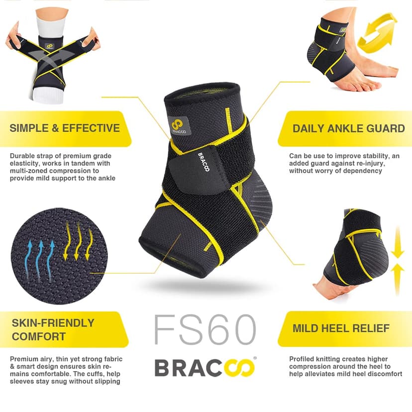 Bracoo 2 Pack Ankle Brace Compression Sleeve for Women & Men, Adjustable Ankle Support Strap for Sprained, Plantar Fasciitis, Pain Relief, Injury Recovery, Running, Workout, GYM, FS60