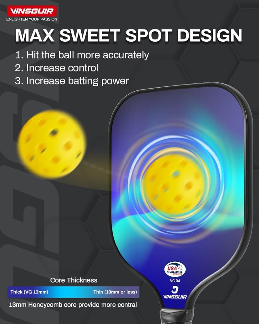 VINSGUIR Pickleball Paddle Set of 2, USAPA Approved Lightweight Fiberglass Rackets with Honeycomb Core, 4 Pickleballs & Carrying Bag, Ideal for Beginners & Gift