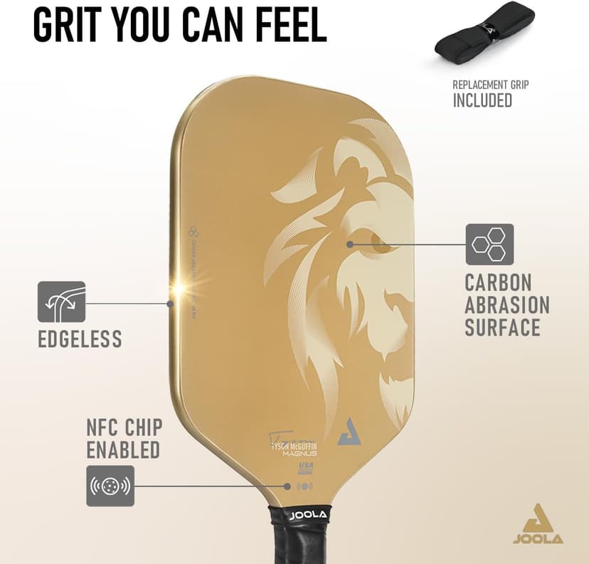 JOOLA Magnus CAS 14mm Pickleball Paddle - Gold Tyson McGuffin Lion Paddle - Edgeless Design & Short Handle - Lightweight Double Frame Carbon Fiber Core - Extra Long Length - Carbon Surface Adds Spin