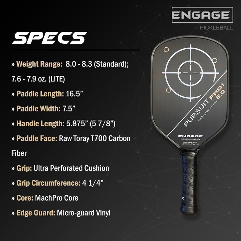 Engage Pursuit Pro1 6.0 Pickleball Paddle - Raw T700 Toray Carbon Fiber for Extreme Spin - MachPro Core for Maximum Power & Control