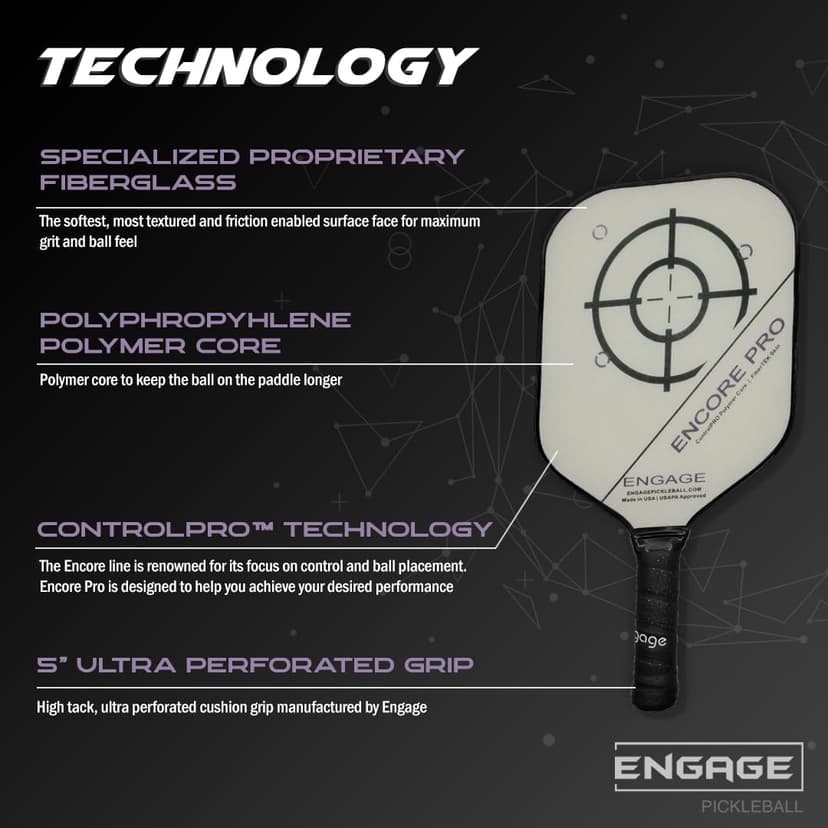 Engage Encore Pro Pickleball Paddle | USAPA Approved | Textured FiberTEK Fiberglass Face & ControlPRO Polymer Core
