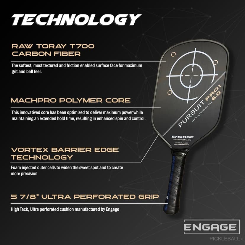 Engage Pursuit Pro1 6.0 Pickleball Paddle - Raw T700 Toray Carbon Fiber for Extreme Spin - MachPro Core for Maximum Power & Control