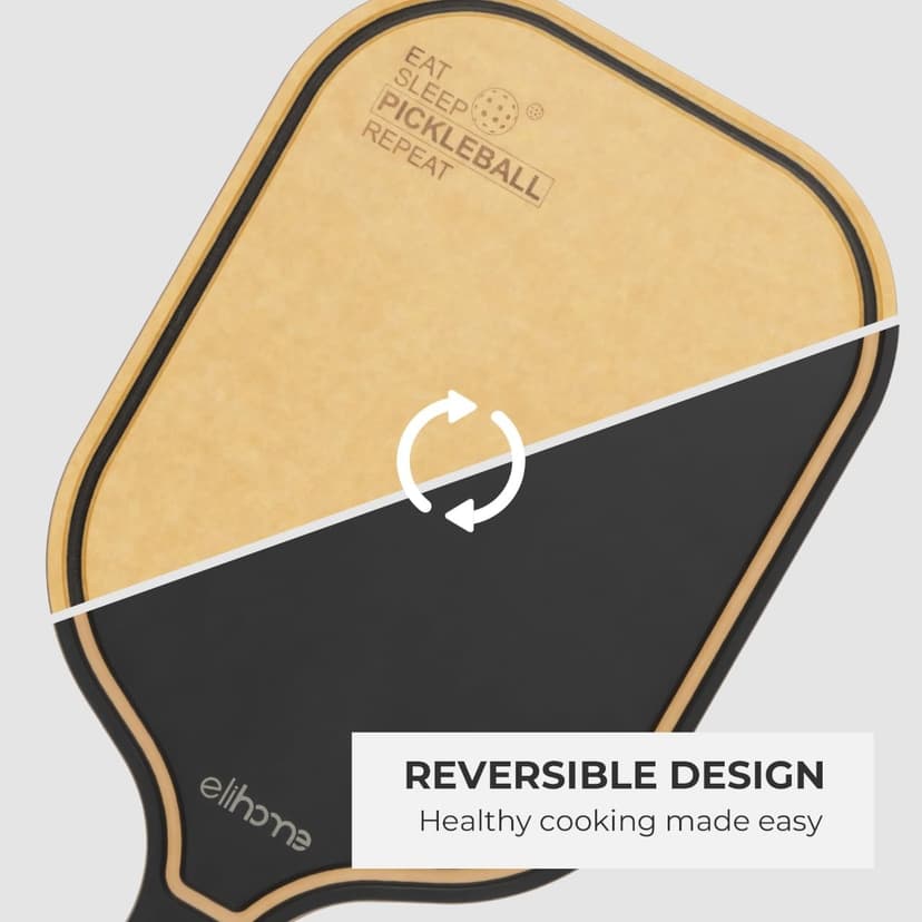 Pickleball Charcuterie & Cutting Board, Pickleball Gifts for Women Men, Wood Fiber 16 x 8.5, Paddle Shape with Handle, Dishwasher Safe, Reversible Design, Juice Groove "Just One More Game"