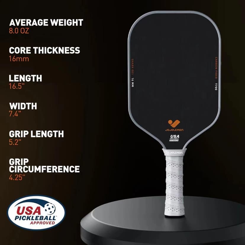 Pickleball Paddles, Carbon Fiber Pickleball Paddle with a 16mm Shark Power Polymer Core, The Pickleball Rackets Designed for Ultimate Spin & Consistency