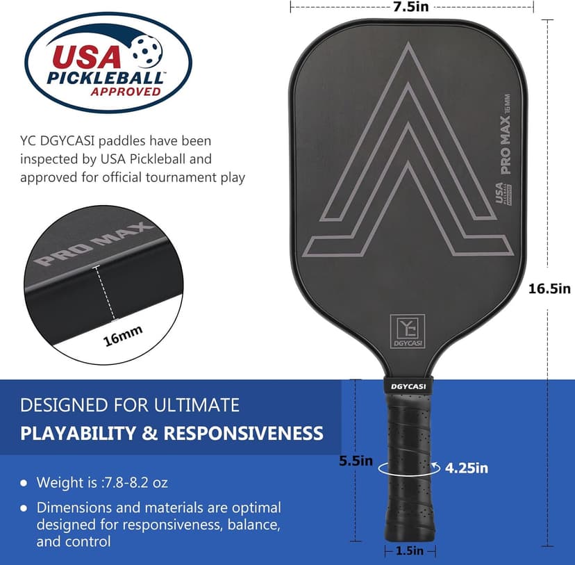 YC DGYCASI 16mm Pickleball Paddles Professional, 2025 USAPA Approved T700 Carbon Fiber Surface Pickle Paddle(CFS), Polypropylene Lightweight Honeycomb Core, Cushion Comfort Grip, with Cover Case Black