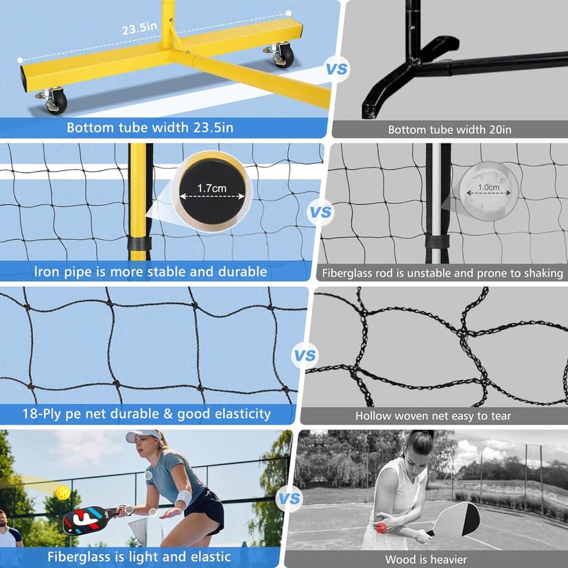 Fostoy Portable Pickleball Net with Wheels, Pickleball Set with 4 Fiberglass Paddles & 6 Pickleballs, Carry Bag, for Backyards Driveways and Garages