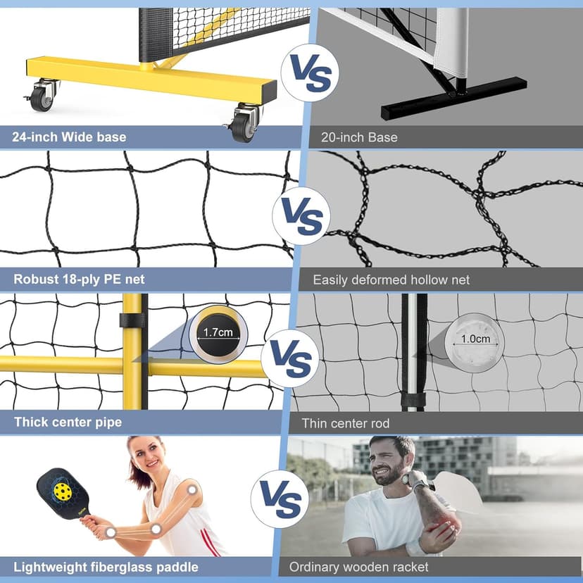 Pickleball Net Set, Pickleball Net on Wheels for Driveway Backyard, 22FT Regular Size, 4 Pickleball Paddles & 6 Balls, 12 Court Markers, 1 Carry Bag, Pickleball Set for Indoor Outdoor Play
