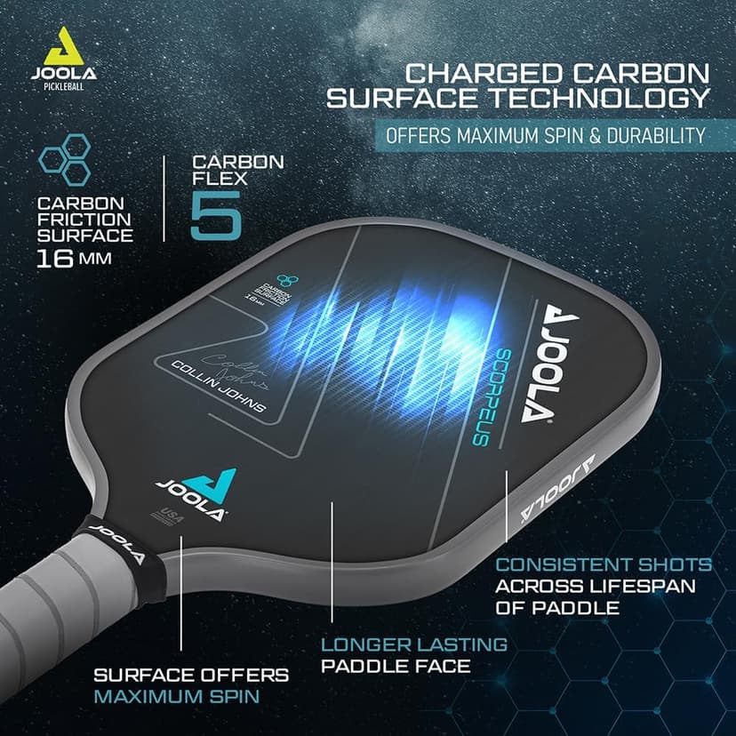 JOOLA Collin Johns or Anna Bright Scorpeus Pickleball Paddle w/Charged Surface Technology for Increased Power & Feel - Fully Encased Carbon Fiber Pickleball Paddle w/Larger Sweet Spot USAPA Approved