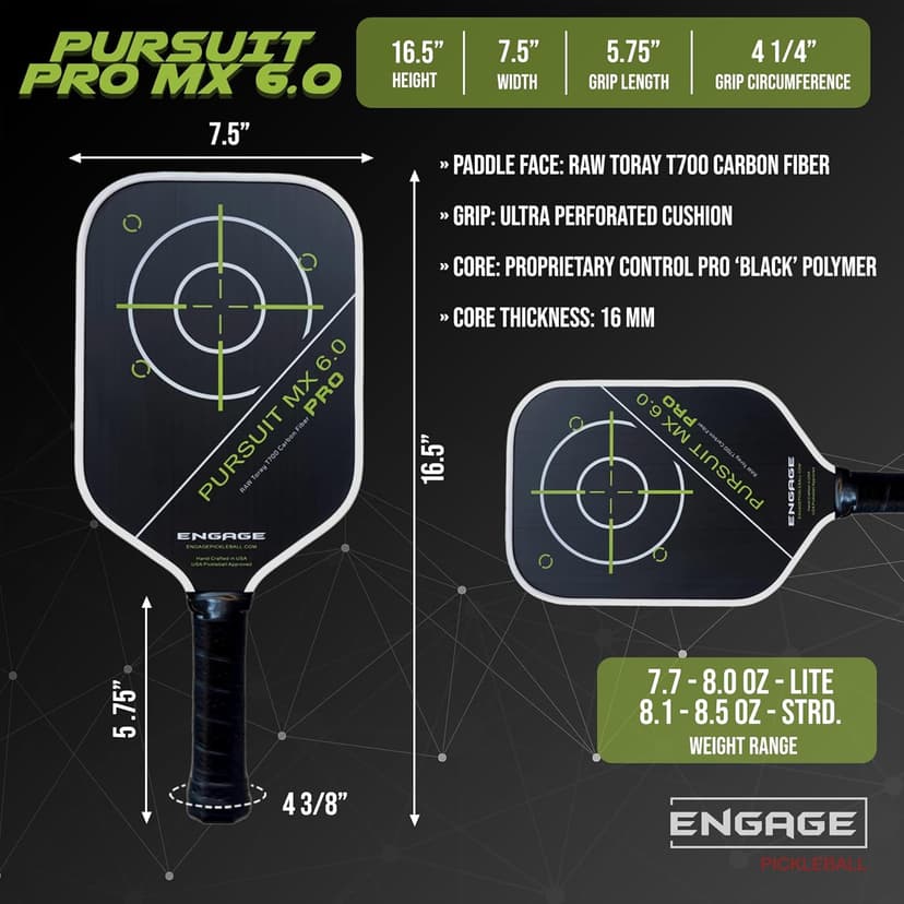 Engage Pursuit Pro MX 6.0 Pickleball Paddle – Elongated Shape, Raw T700 Toray Carbon Fiber Face, 16mm Control Pro “Black” Core