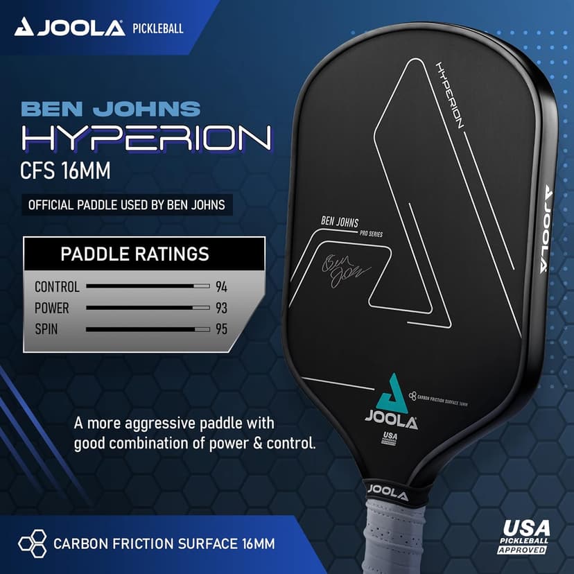 JOOLA Ben Johns Hyperion Pickleball Paddle - Carbon Surface & Sure-Grip Elongated Handle - Increased Power and Spin - Carbon Fiber Pickleball Paddle - Honeycomb Polypropylene Core - USAPA Approved