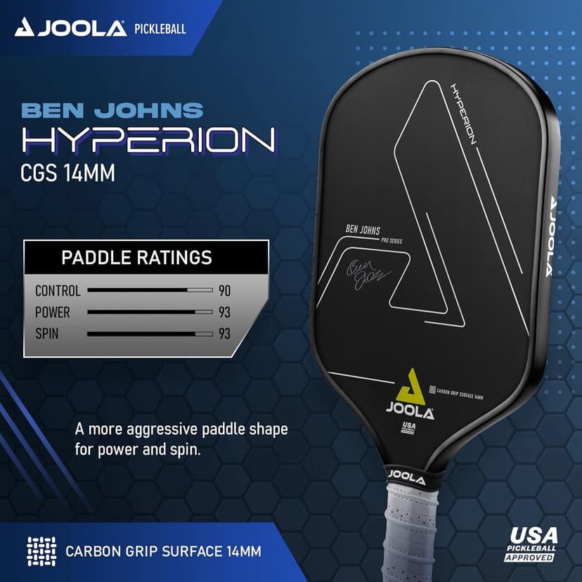 JOOLA Ben Johns Hyperion CGS Pickleball Paddle - Textured Carbon Grip Surface Technology for Spin & Control with Added Power - Polypropylene Honeycomb Core Pickleball Racket