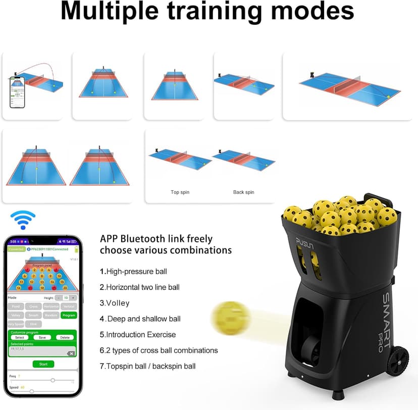 PP Smart PRO Pickleball Machine - 85+ Ball Capacity, 4-6hr Battery, 20-120km/h Speed, 26M Range, App & Remote Control, 5-45° Angle - Perfect for Training, Club & School Coaching