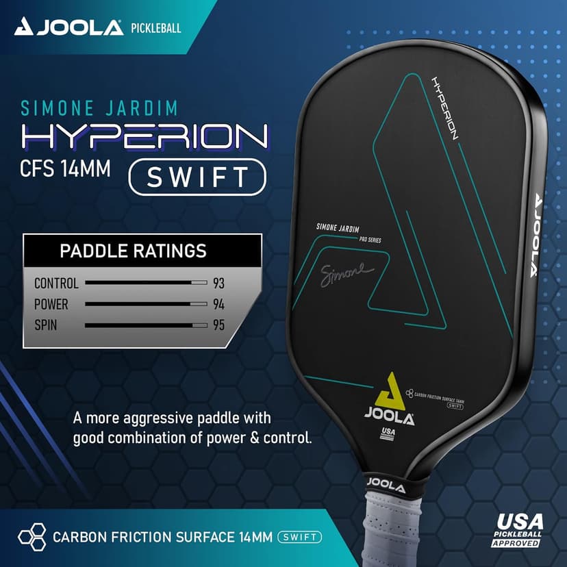 JOOLA Simone Jardim Hyperion CFS Pickleball Paddle - USAPA Approved for Tournament Play - Carbon Fiber Pickleball Racket - Available in 16mm and Swift