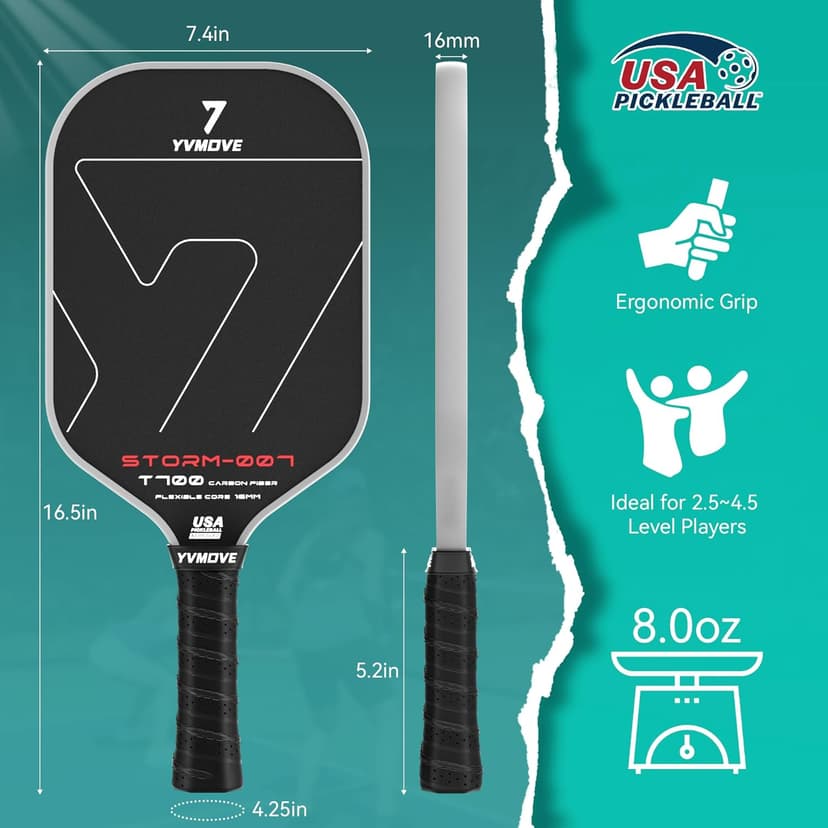 Pickleball Paddle with T700 Raw Carbon Fiber Surface & 16mm STR-Core Power Polymer Core, Premium Pickle Ball Racket Designed for Ultimate Spin & Consistency, USAPA Approved